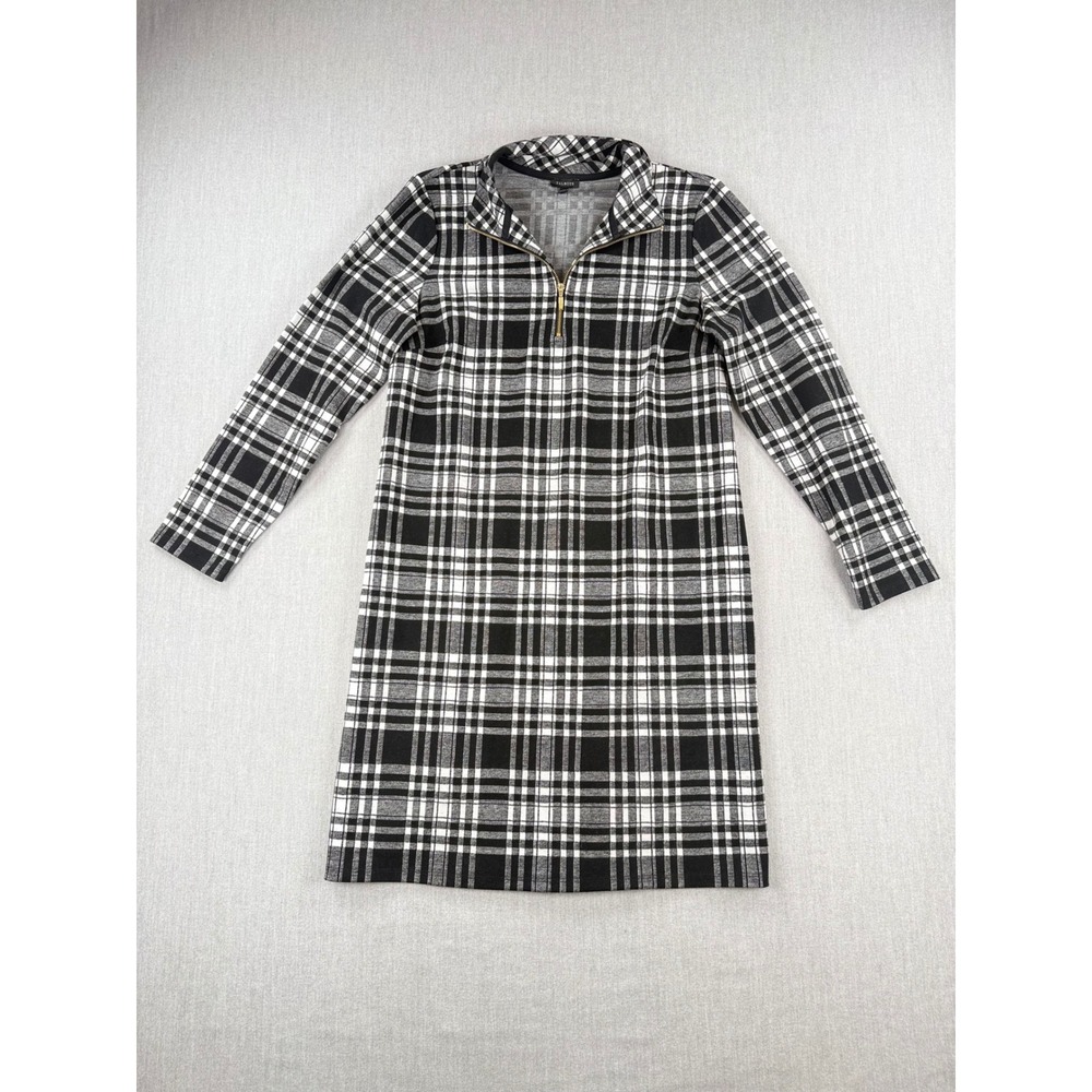 Talbots Womens Black White Plaid Quarter Zip Mock Neck Shift Dress Size M
